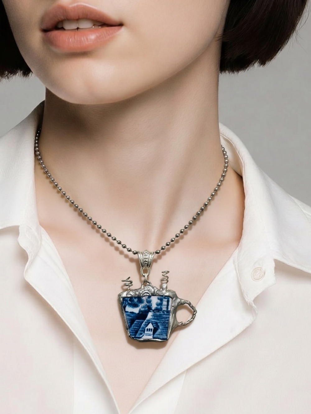 Blue Willow China Cappuccino Pendant With Artisan Silver Detailing & Ball Chain